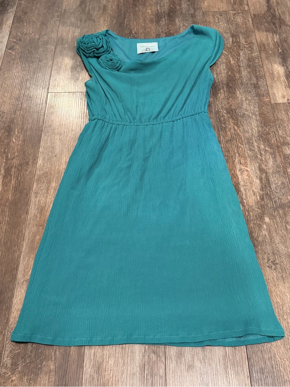 Judith March Teal Cap-Sleeve Midi Dress with Rosette Accents